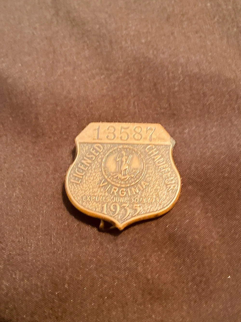 Vtg 1935, “Licensed Chauffeur “ Badge. Virginia — Solid Brass
